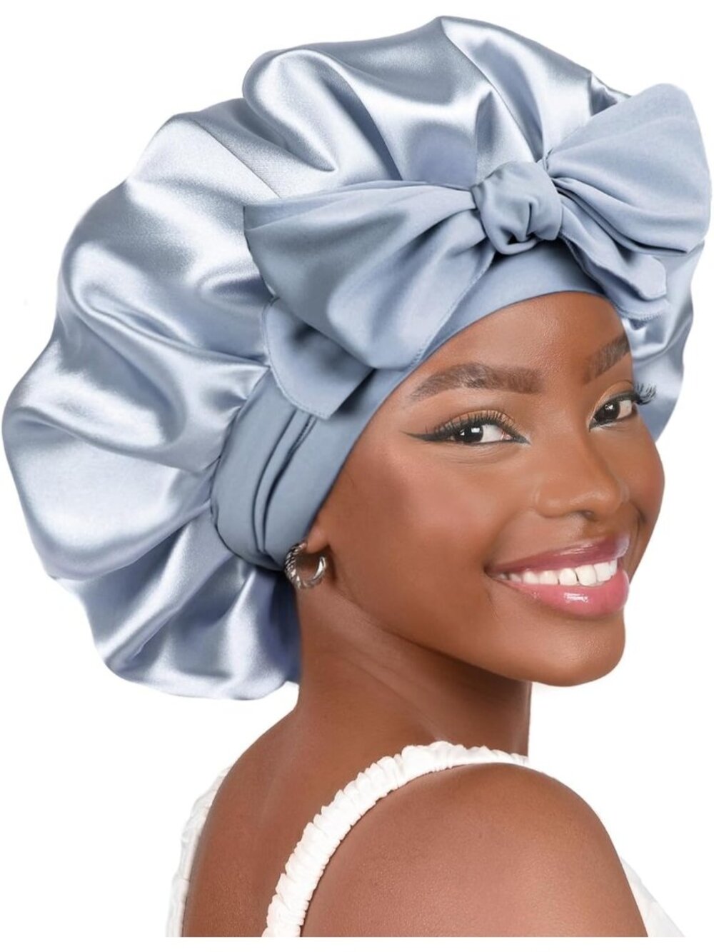 〽️Women Blue Double Layer Hair Wrap Reduce Friction Prevent Frizz Satin Bonnet